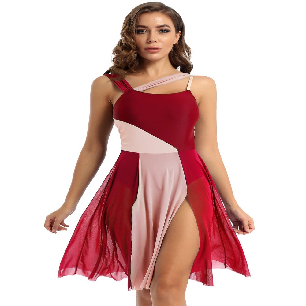 FEESHOW Lyrical Women Adults Sleeveless Mesh Color Block Leotard Dress Modern Contemporary Dance Costume Burgundy X-Large