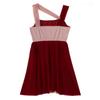 FEESHOW Lyrical Women Adults Sleeveless Mesh Color Block Leotard Dress Modern Contemporary Dance Costume Burgundy X-Large view 4