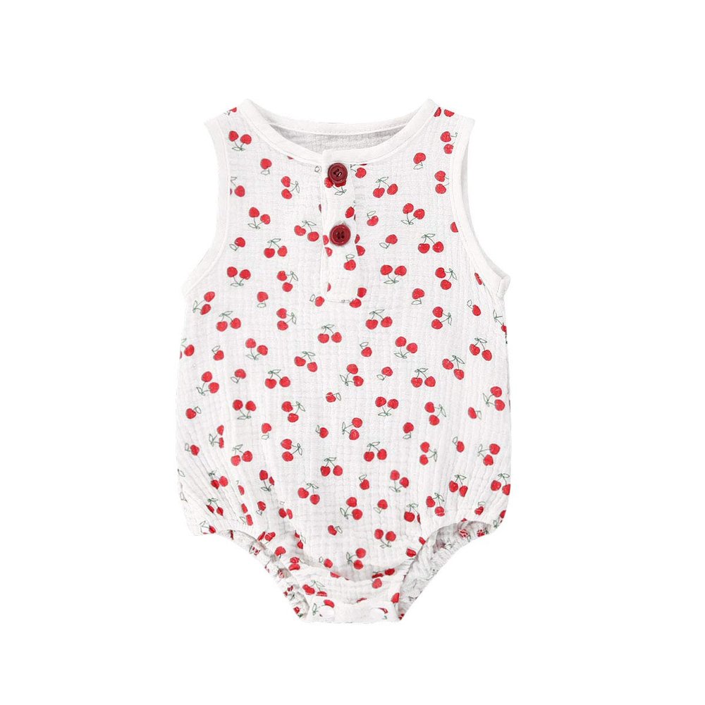 Goelsakurara Newborn Infant Baby Boy Girl Summer Outfits Sleeveless Cotton Linen Romper Bodysuit One Piece Overall Jumpsuit (Cherry,6-12 Months)