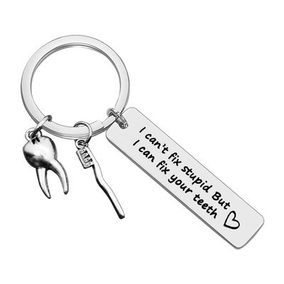 Baixian Dentist Keychain - 'I Can't Fix Stupid But I Can Fix Your Teeth' - Funny Dental Hygienist Gift - Silver, Small