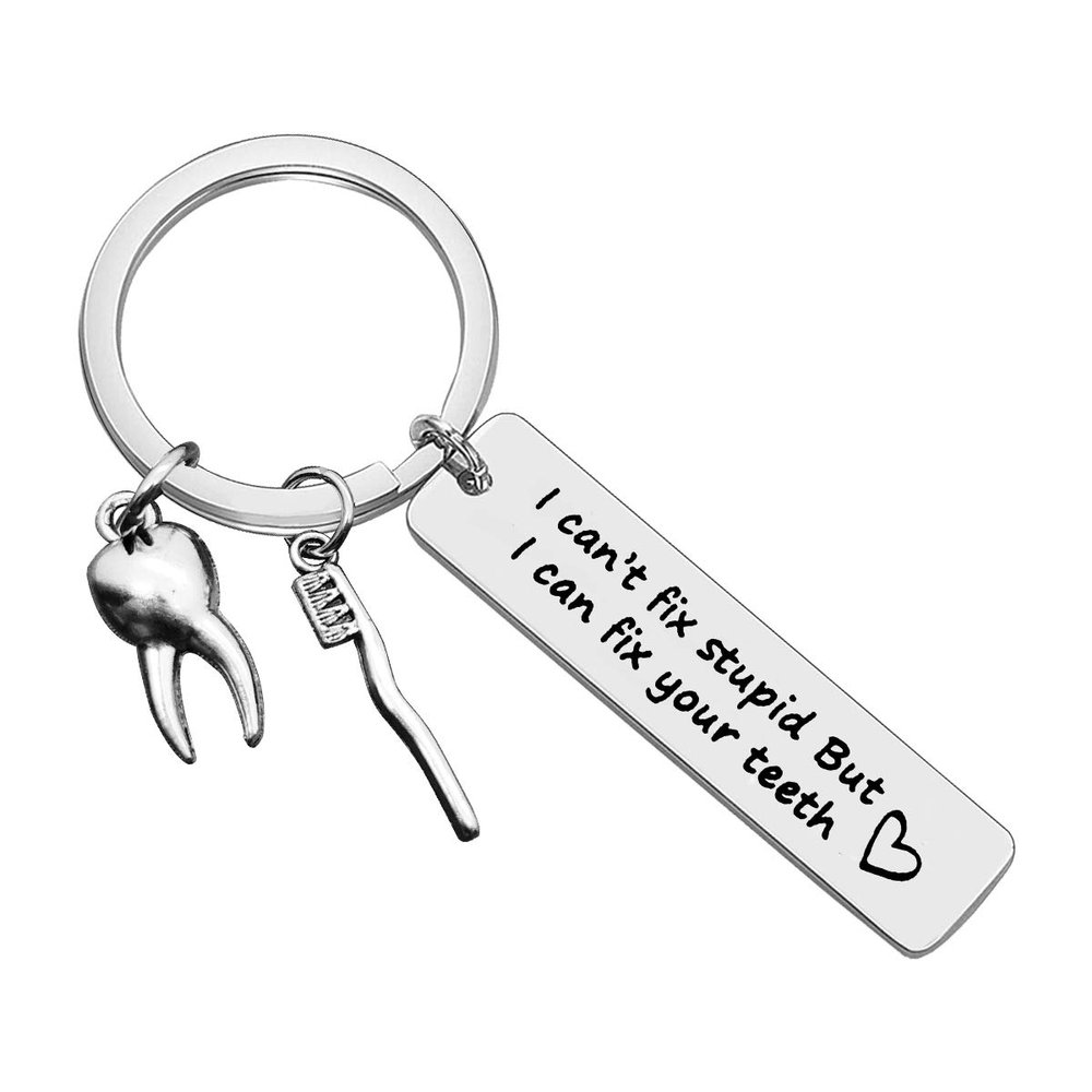 Baixian Dentist Keychain - 'I Can't Fix Stupid But I Can Fix Your Teeth' - Funny Dental Hygienist Gift - Silver, Small