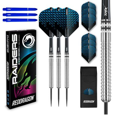 Raider 1: 23 Gram Steel Tip Tungsten Darts Set - Blue Style Set of Professional Darts with Shafts (Stems), Flights and Checkout Card - Choice of Colour Available