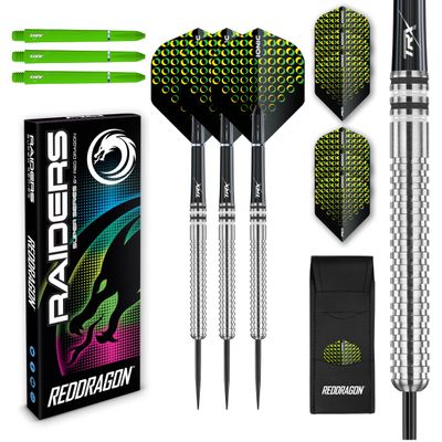 Raider 1: 23 Gram Steel Tip Tungsten Darts Set - Green Style Set of Professional Darts with Shafts (Stems) and Flights - Choice of Colour Available