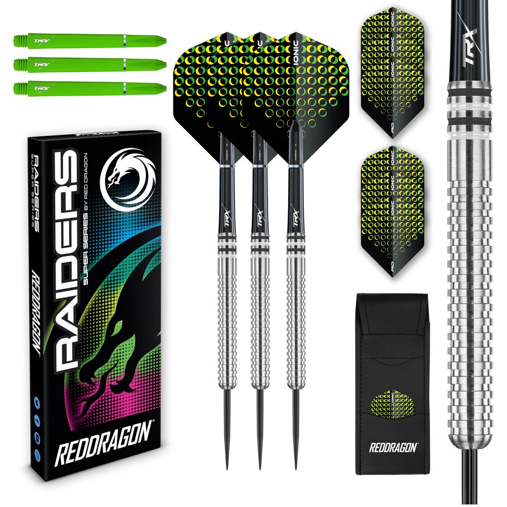 Raider 1: 23 Gram Steel Tip Tungsten Darts Set - Green Style Set of Professional Darts with Shafts (Stems) and Flights - Choice of Colour Available
