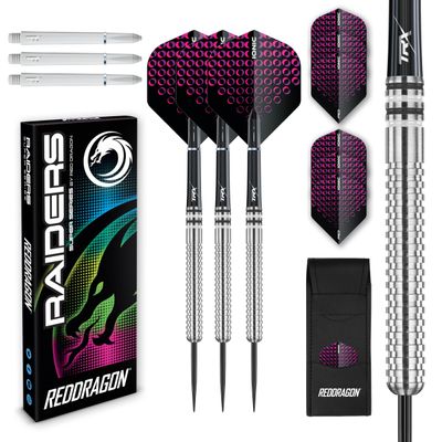 Raider 1: 23 Gram Steel Tip Tungsten Darts Set - Red Style Set of Professional Darts with Shafts (Stems), Flights and Checkout Card - Choice of Colour Available