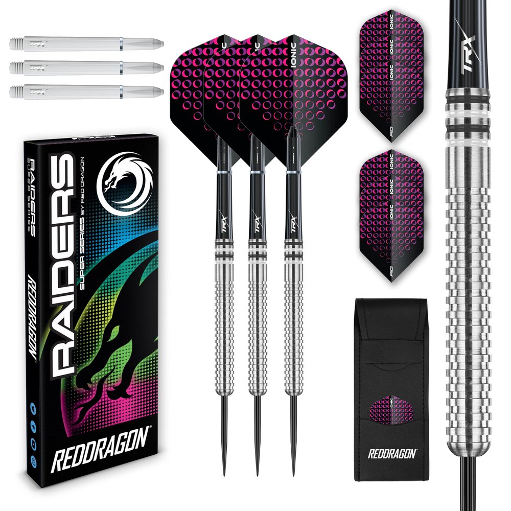 Raider 1: 23 Gram Steel Tip Tungsten Darts Set - Red Style Set of Professional Darts with Shafts (Stems), Flights and Checkout Card - Choice of Colour Available