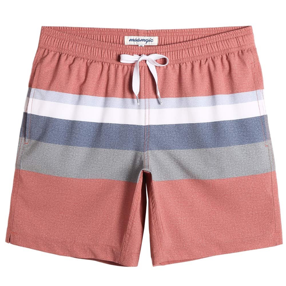 maamgic Mens 7" Stretch Swim Trunks Quick Dry Mesh Lining Swimwear Bathing Suits Stripe Orange Medium