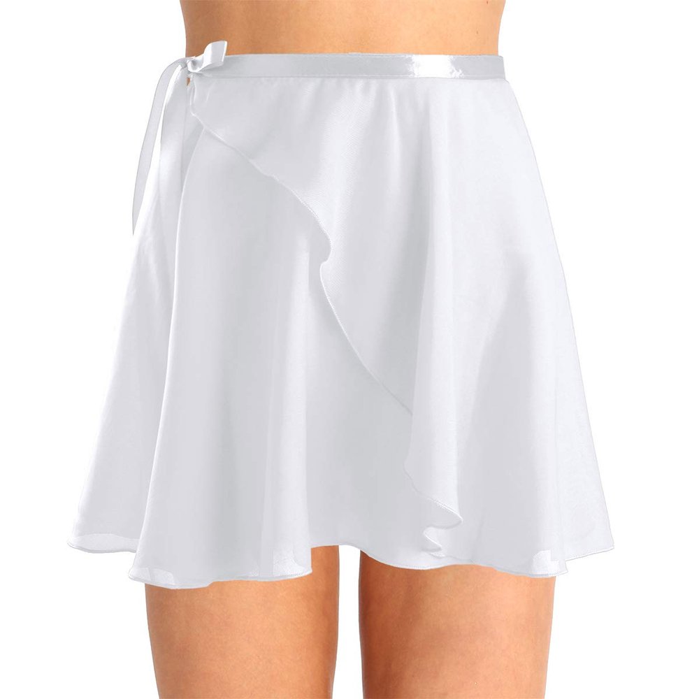 JanJean Women Girls 2 Layers Chiffon Wrap Skirt Ballet Dance Skirts Over Scarf Skater Skirt with Tie Waist White One Size