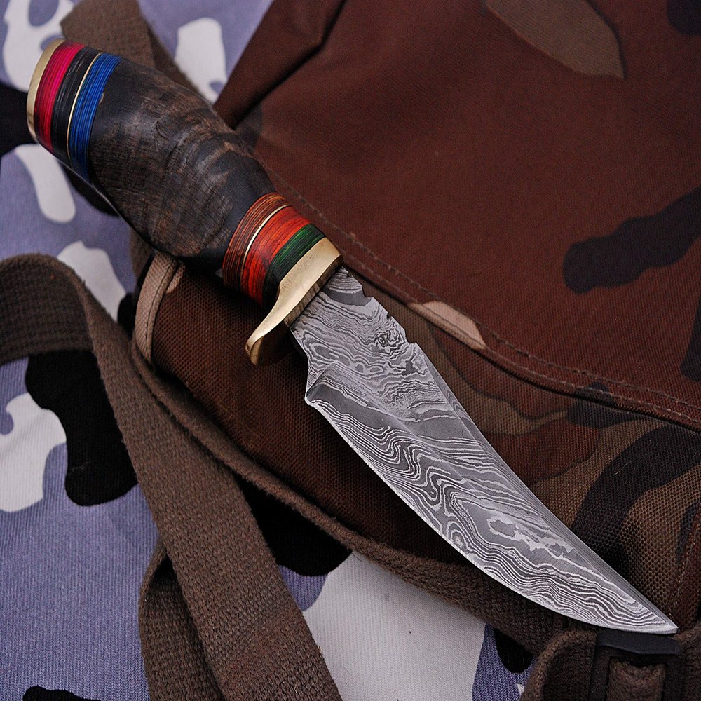 Hand Forged Damascus Hunting Knife Brass Guard Ram Horn Handle-AJ-2085