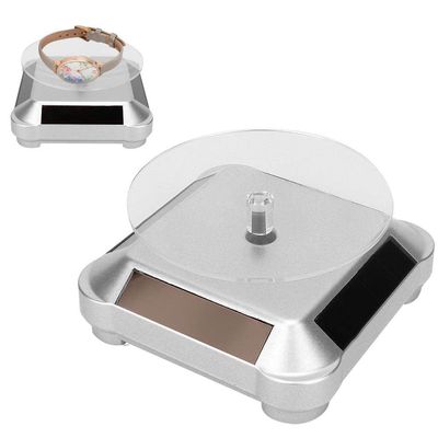Rotating Display Stand, 360 Degree Turntable Solar Power Battery for Watch Ring Necklaces Jewelry Turn Table Plate Decorative Trays for Showcases(plata)
