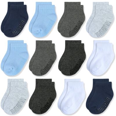 JAKIDAR 12 Pair Baby Toddler Socks Non-Slip Grip Cotton Ankle Socks for Boys Girls Non Skid Soles for Infants Kids, Sky Blue, 6-12 Months