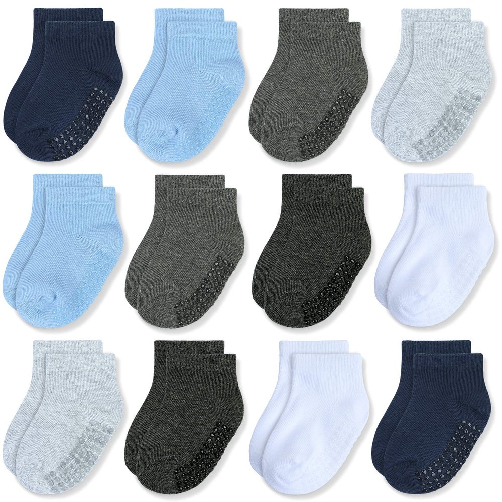 JAKIDAR 12 Pair Baby Toddler Socks Non-Slip Grip Cotton Ankle Socks for Boys Girls Non Skid Soles for Infants Kids, Sky Blue, 6-12 Months