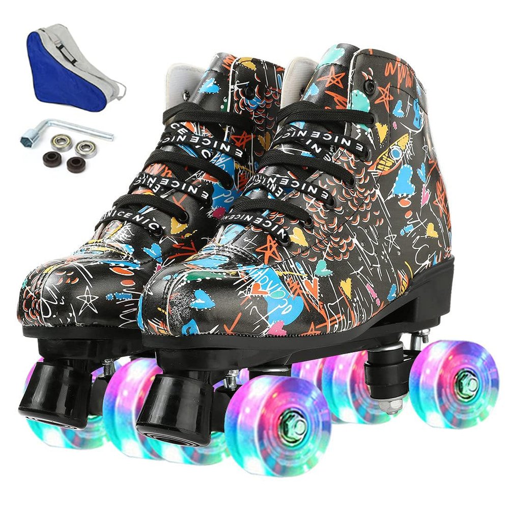 Silvertree Roller Skates for Women and Men PU Leather High-top Adult Roller Derby Skate Wheels Light Up Roller Skate Four-Wheel Shiny Roller Skates for Girls Boys Unisex