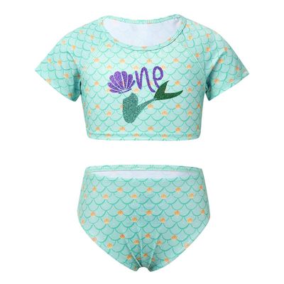 vastwit Big Girls Kids Two Piece Mermaid Rashguard Swimsuit Set Short Sleeve Tankini + Bottoms Swimwear Bathing Suit Lake_Green 8