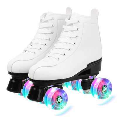 XUDREZ Classic Roller Skates High-Top Double-Row Leather Roller Skates for Women and Men (White Flash Wheel,36)