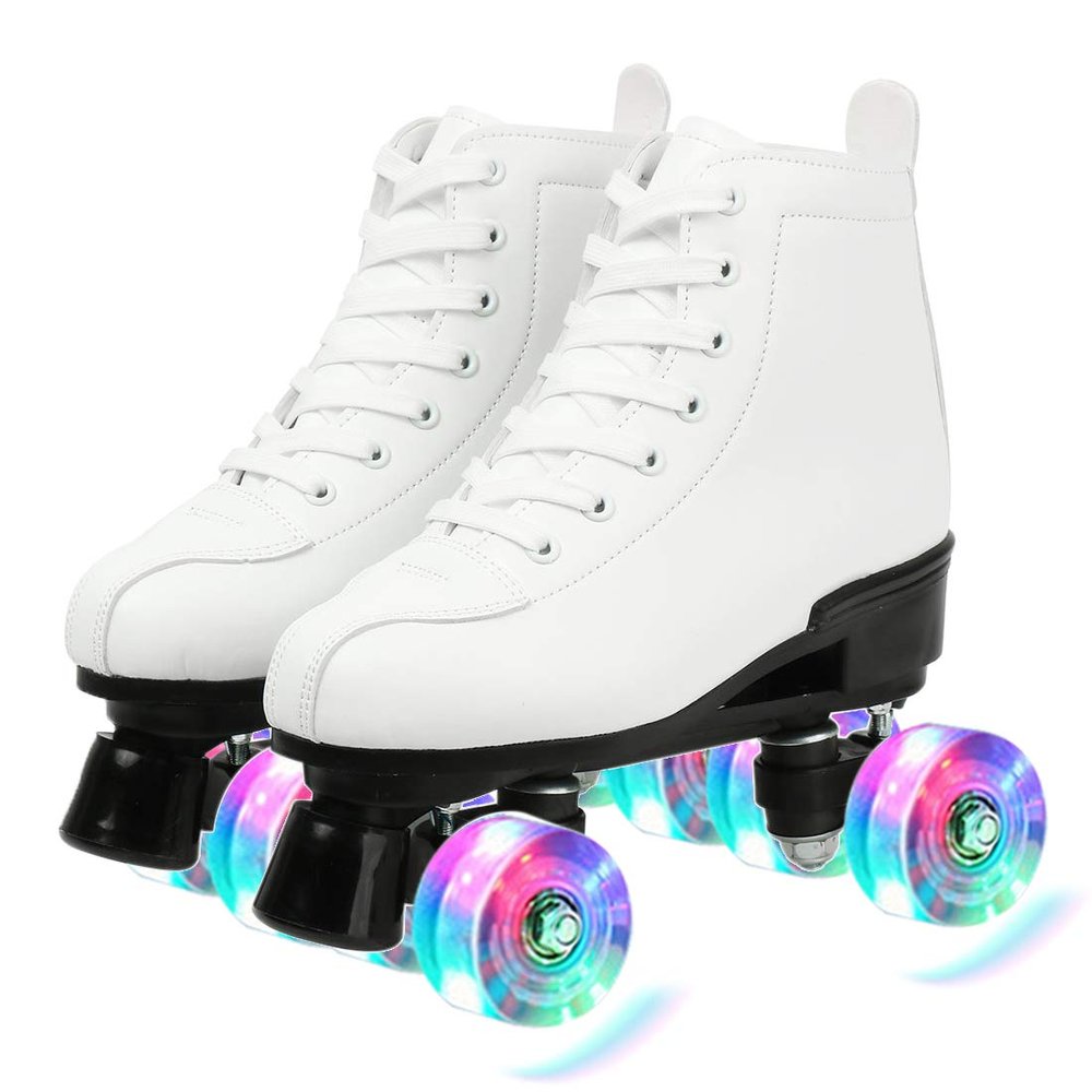 XUDREZ Classic Roller Skates High-Top Double-Row Leather Roller Skates for Women and Men (White Flash Wheel,36)