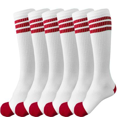 juDanzy 3 Pairs of Knee High Boys or Girls Stripe Team Tube Socks for Soccer, Basketball, baseball and Everyday Wear, White With Red Stripes, 4-6 Years