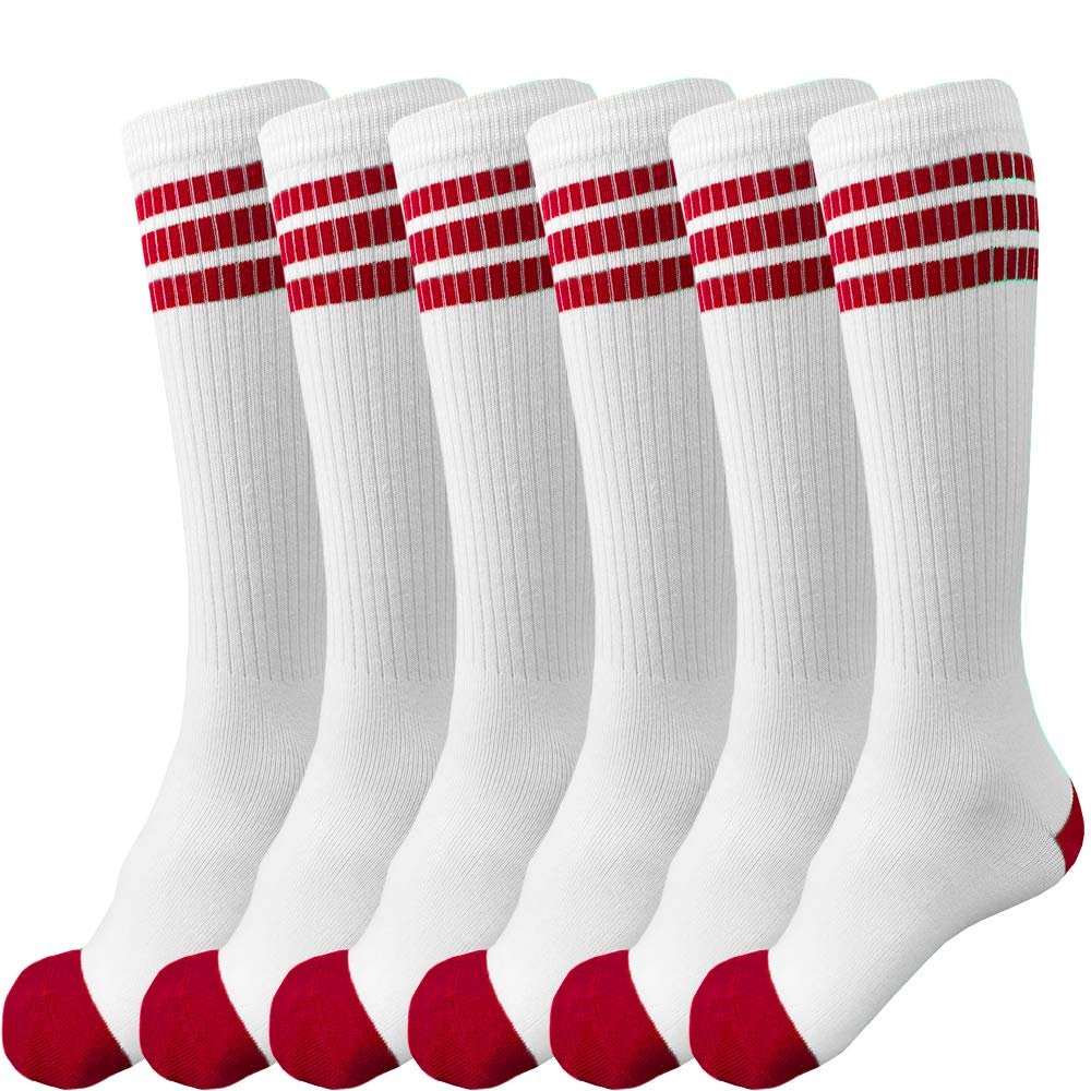 juDanzy 3 Pairs of Knee High Boys or Girls Stripe Team Tube Socks for Soccer, Basketball, baseball and Everyday Wear, White With Red Stripes, 4-6 Years