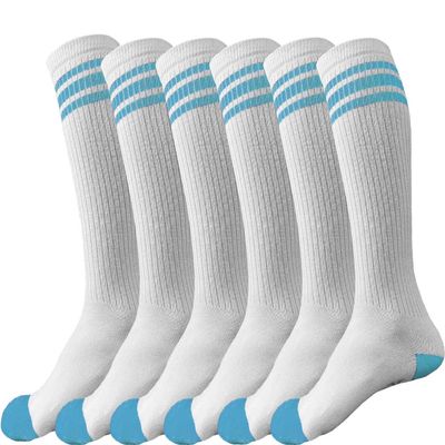 juDanzy 3 Pairs of Knee High Boys or Girls Stripe Team Tube Socks for Soccer, Basketball, baseball and Everyday Wear, White With Turquoise Stripes, 4-6 Years