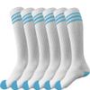 juDanzy 3 Pairs of Knee High Boys or Girls Stripe Team Tube Socks for Soccer, Basketball, baseball and Everyday Wear, White With Turquoise Stripes, 4-6 Years view 1