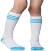 juDanzy 3 Pairs of Knee High Boys or Girls Stripe Team Tube Socks for Soccer, Basketball, baseball and Everyday Wear, White With Turquoise Stripes, 4-6 Years view 2