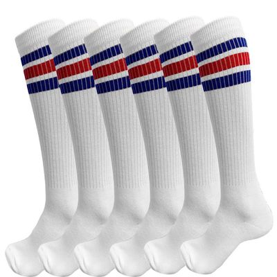 juDanzy 3 Pairs of Knee High Boys or Girls Stripe Team Tube Socks for Soccer, Basketball, baseball and Everyday Wear, White With Blue and Red Stripes, 2-4T