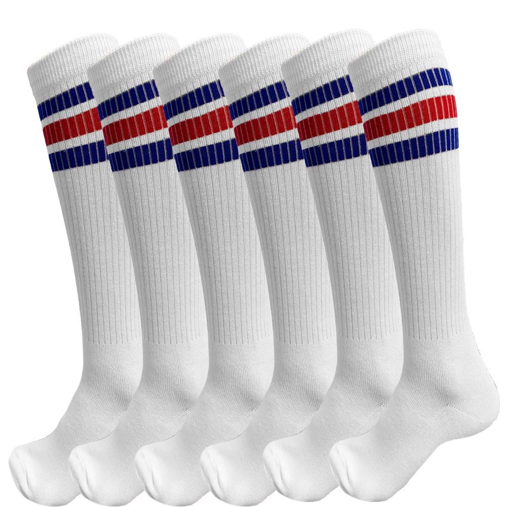 juDanzy 3 Pairs of Knee High Boys or Girls Stripe Team Tube Socks for Soccer, Basketball, baseball and Everyday Wear, White With Blue and Red Stripes, 2-4T