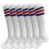 juDanzy 3 Pairs of Knee High Boys or Girls Stripe Team Tube Socks for Soccer, Basketball, baseball and Everyday Wear, White With Blue and Red Stripes, 2-4T view 1
