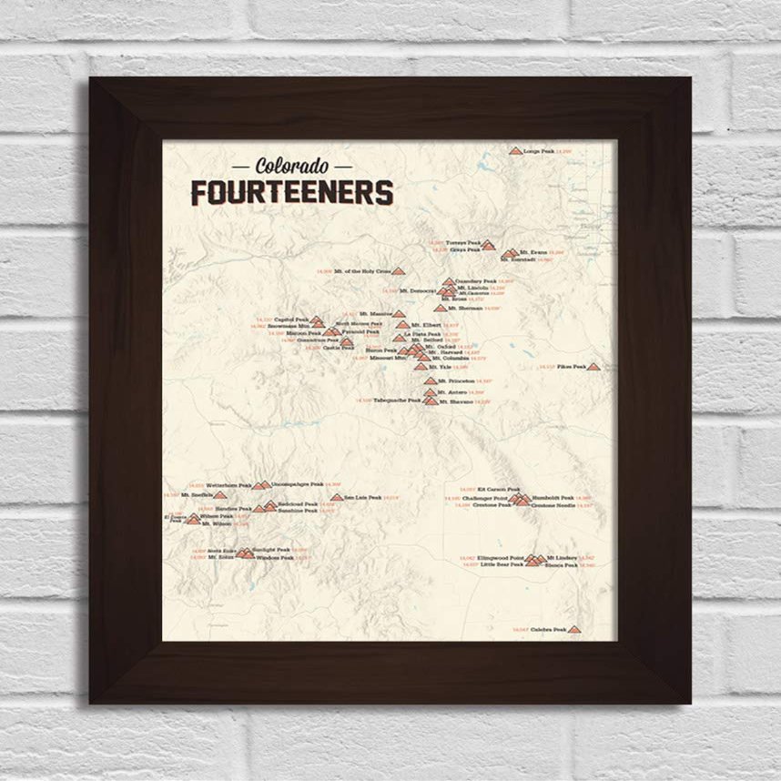 Best Maps Ever 58 Colorado 14ers Checklist 11x14 Print (Tan | Walnut Frame)