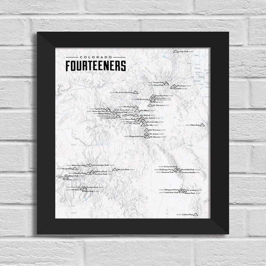 Best Maps Ever 58 Colorado 14ers Checklist 11x14 Print (Gray | Black Frame)