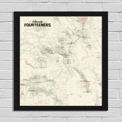Best Maps Ever 58 Colorado 14ers Checklist 18x24 Poster (Tan | Black Frame)