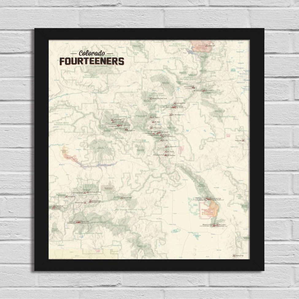 Best Maps Ever 58 Colorado 14ers Checklist 18x24 Poster (Tan | Black Frame)