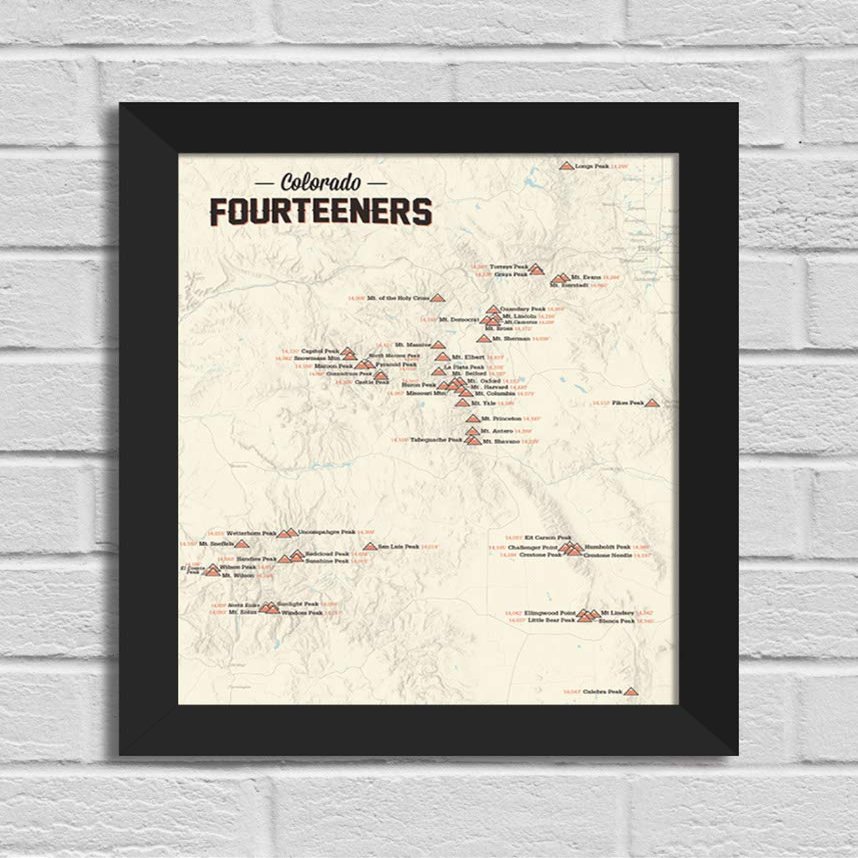 Best Maps Ever 58 Colorado 14ers Checklist 11x14 Print (Tan | Black Frame)
