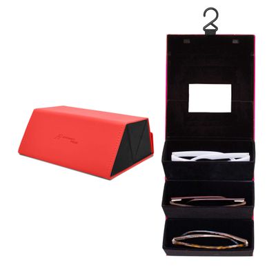 Eyeglass Case Organizer for Travel - Sunglasses Storage Display Case, 3 Pair Glasses Holder, Hanging Organizer Box with Unique Folding Design and Vibrant Colors Gift for Her (Carmine Red)