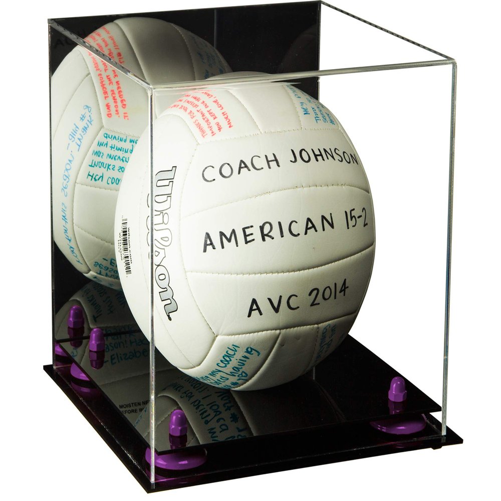 Better Display Cases Acrylic Volleyball Display Case with Mirror, Purple Risers and Black Base (B02)