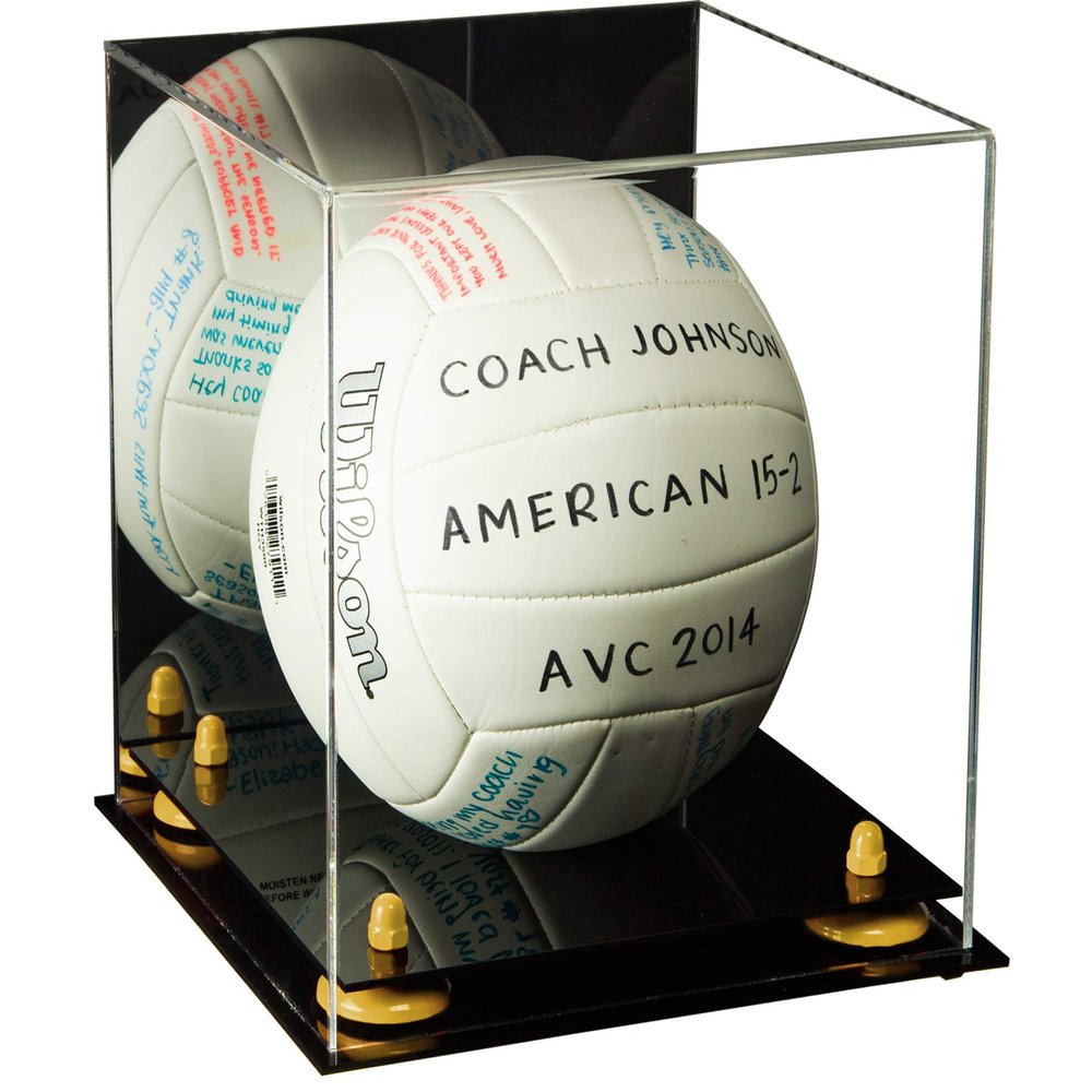Better Display Cases Acrylic Volleyball Display Case with Mirror, Yellow Risers and Black Base (B02)