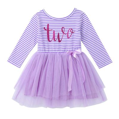 ACSUSS Kids Baby Girls First Birthday Outfit Long Sleeves Shiny Letter Print Tulle Tutu Skirts Princess Pettiskirts Lavender 18-24 Months