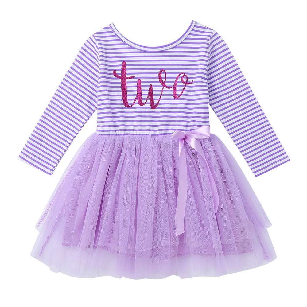 ACSUSS Kids Baby Girls First Birthday Outfit Long Sleeves Shiny Letter Print Tulle Tutu Skirts Princess Pettiskirts Lavender 18-24 Months
