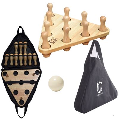 CROWN ME Shuffleboard Bowling Pin Set with 10 Pcs Premium Hardwood Bowling Pins Triangular Pinsetter Resin Bowling Ball and Carrying Bag, Fun for Shuffleboard
