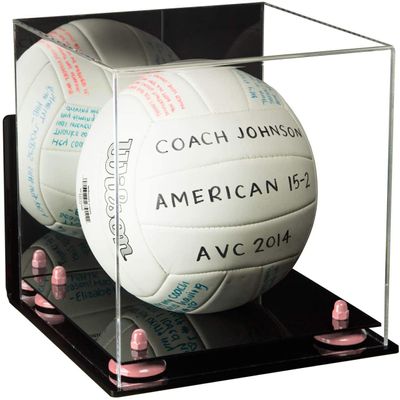 Better Display Cases Acrylic Volleyball Display Case with Mirror, Pink Risers, Black Base and Wall Mount (B02)