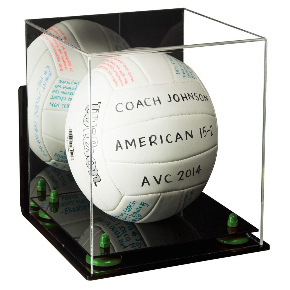 Better Display Cases Acrylic Volleyball Display Case with Mirror, Green Risers, Black Base and Wall Mount (B02)