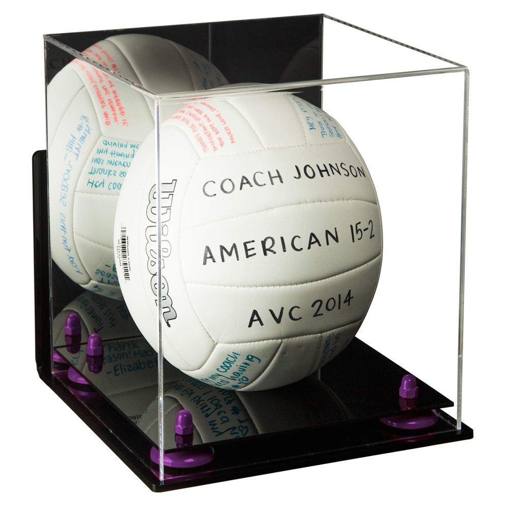 Better Display Cases Acrylic Volleyball Display Case with Mirror, Purple Risers, Black Base and Wall Mount (B02)