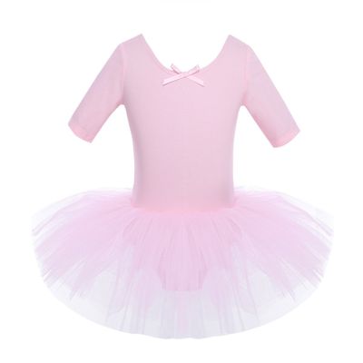 QinCiao Kids Girls' Short Sleeves Ballet Dance Mesh Skirt Leotard Tutu Dress Ballroom Gymnastics Dancing Costumes Pink 5-6