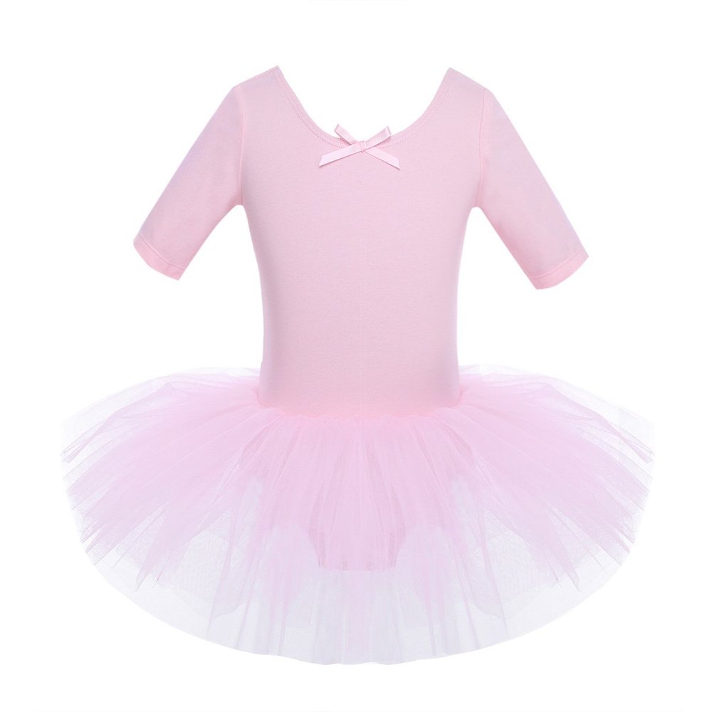 QinCiao Kids Girls' Short Sleeves Ballet Dance Mesh Skirt Leotard Tutu Dress Ballroom Gymnastics Dancing Costumes Pink 5-6