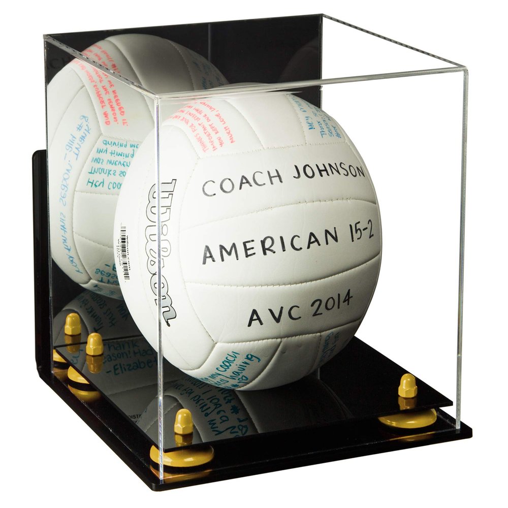 Better Display Cases Acrylic Volleyball Display Case with Mirror, Yellow Risers, Black Base and Wall Mount (B02)