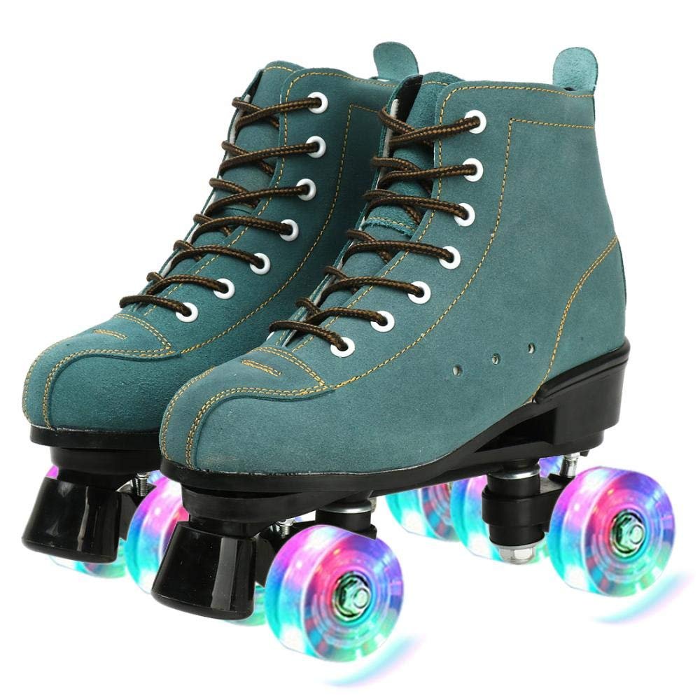 XUDREZ Cowhide Roller Skates for Women and Men High-Top Shoes Double-Row Design,Adjustable Classic Premium Roller Skates (Blue Flash Wheel,7)
