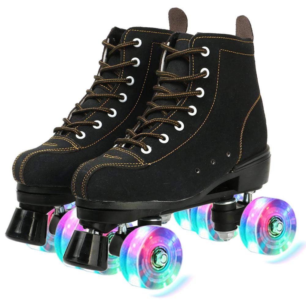 XUDREZ Cowhide Roller Skates for Women and Men High-Top Shoes Double-Row Design,Adjustable Classic Premium Roller Skates (Black Flash Wheel,7)
