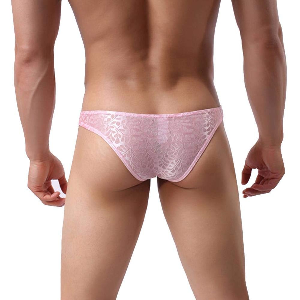 IBAKOM Men's Sissy Lace Floral Bulge Pouch Bikini Panties Low Rise Mesh Translucent Crossdress Lingerie Underwear Pink Large