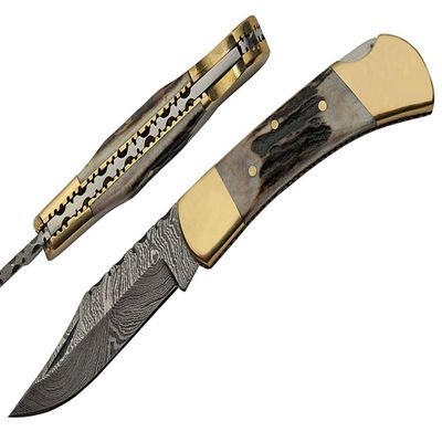 Szco Stag/Brass Damascus Folding Knife ; DM-1257SG