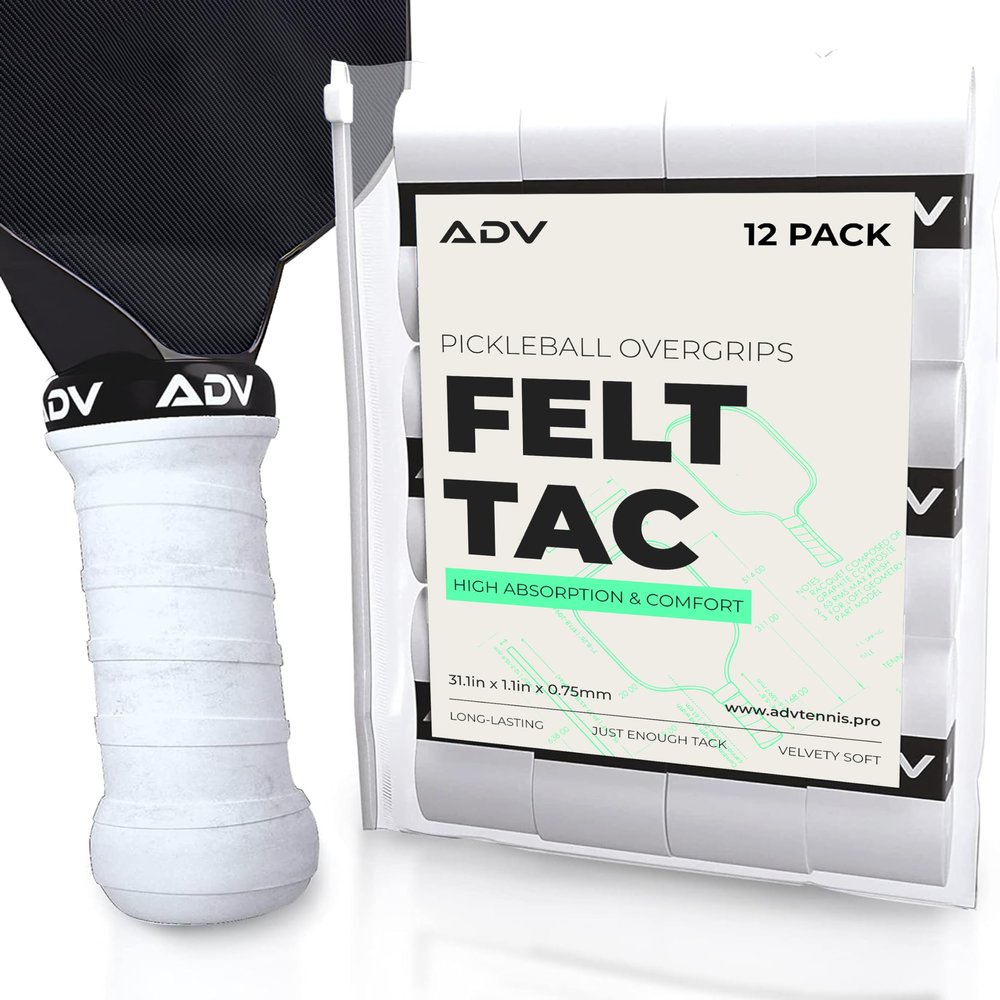 ADV Pickleball Grip Tape - Soft, Very Durable, Sweat Absorbing Pickleball Overgrip Tape - Dry & Comfortable FeltTac Pickleball Paddle Grip Tape - Easy to Use & Easy to Install (12-Pack White)